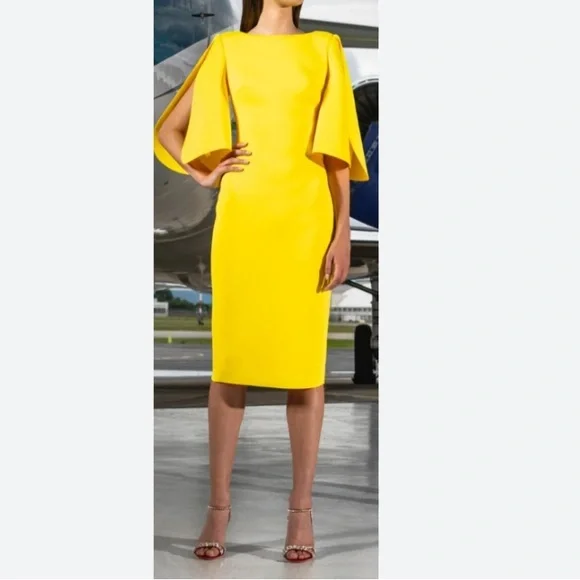 Badgley Mischka Split Sleeve Lemon Sunshine Midi Dress Size 4 NWT